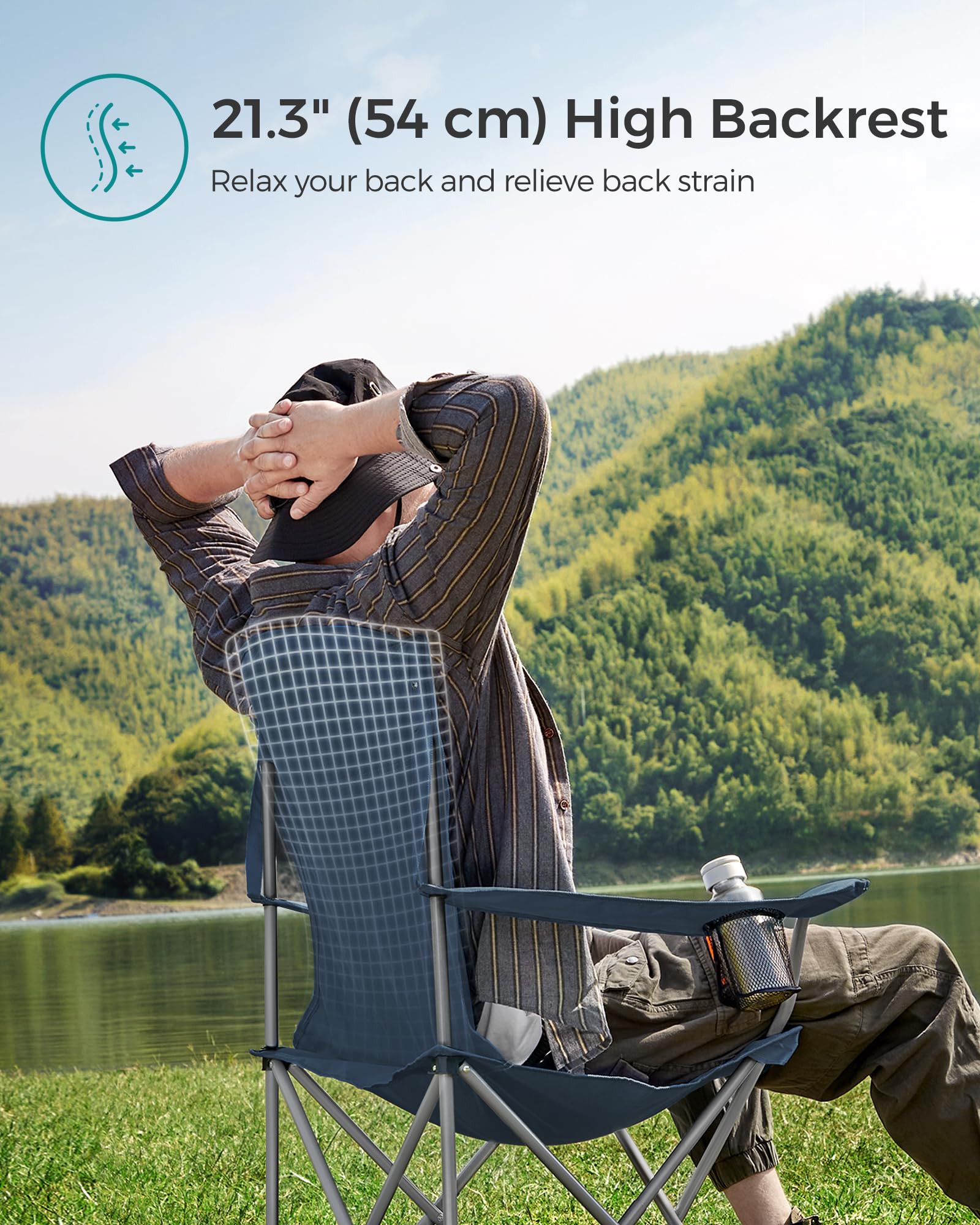 SONGMICS Set of 2 Folding Chairs, Camping Chairs, Comfortable Heavy Duty Structure, Max. Load 150 kg, with Drink Holder, Outdoor Chair