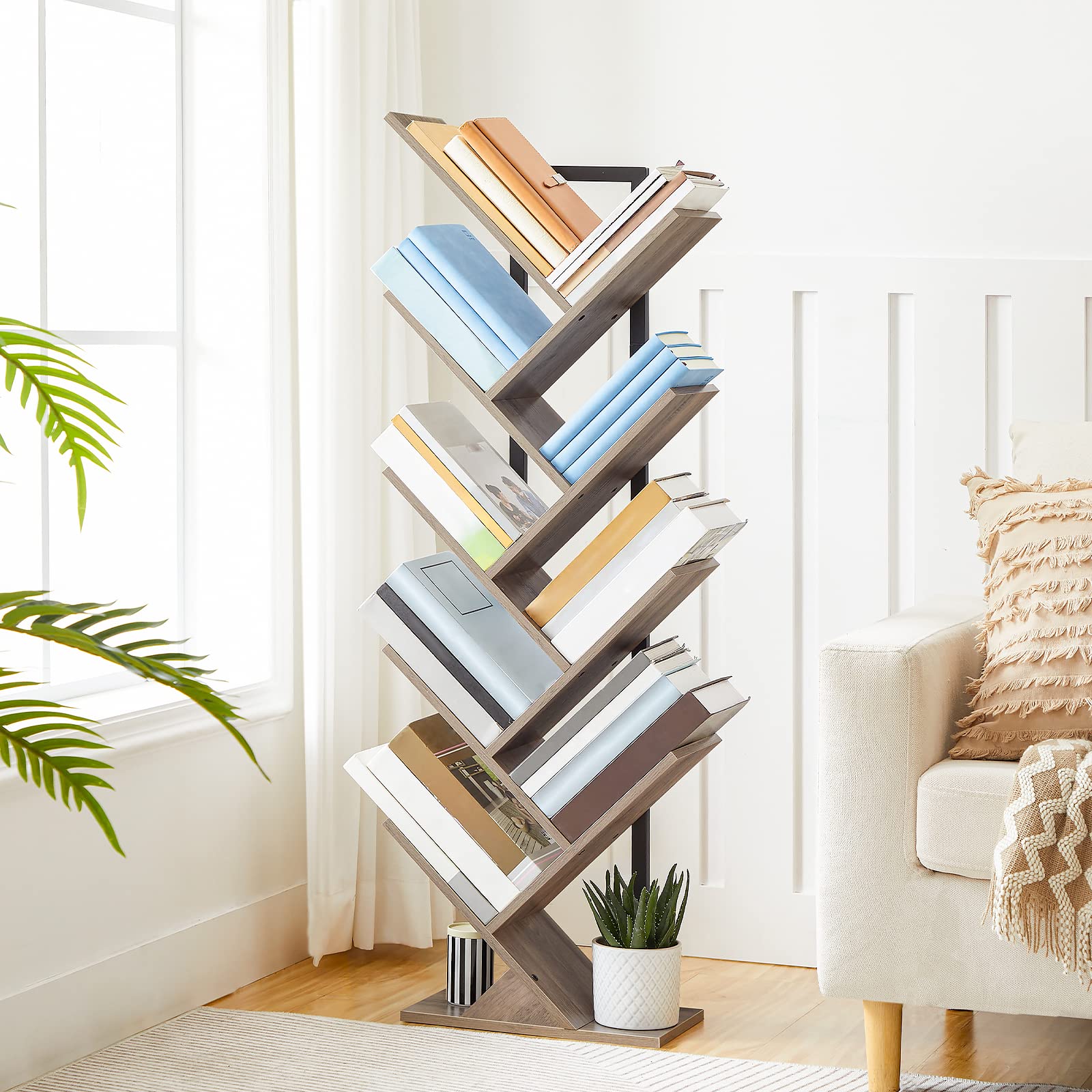 HOOBRO Tree Bookshelf Tall, 9-Tier Floor Standing Book Shelf, Tall Bookcase for CDs Albums, for Living Room, Greige and Black EBG08SJ01G1