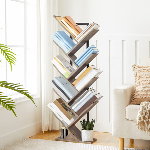 HOOBRO Tree Bookshelf Tall, 9-Tier Floor Standing Book Shelf, Tall Bookcase for CDs Albums, for Living Room, Greige and Black EBG08SJ01G1