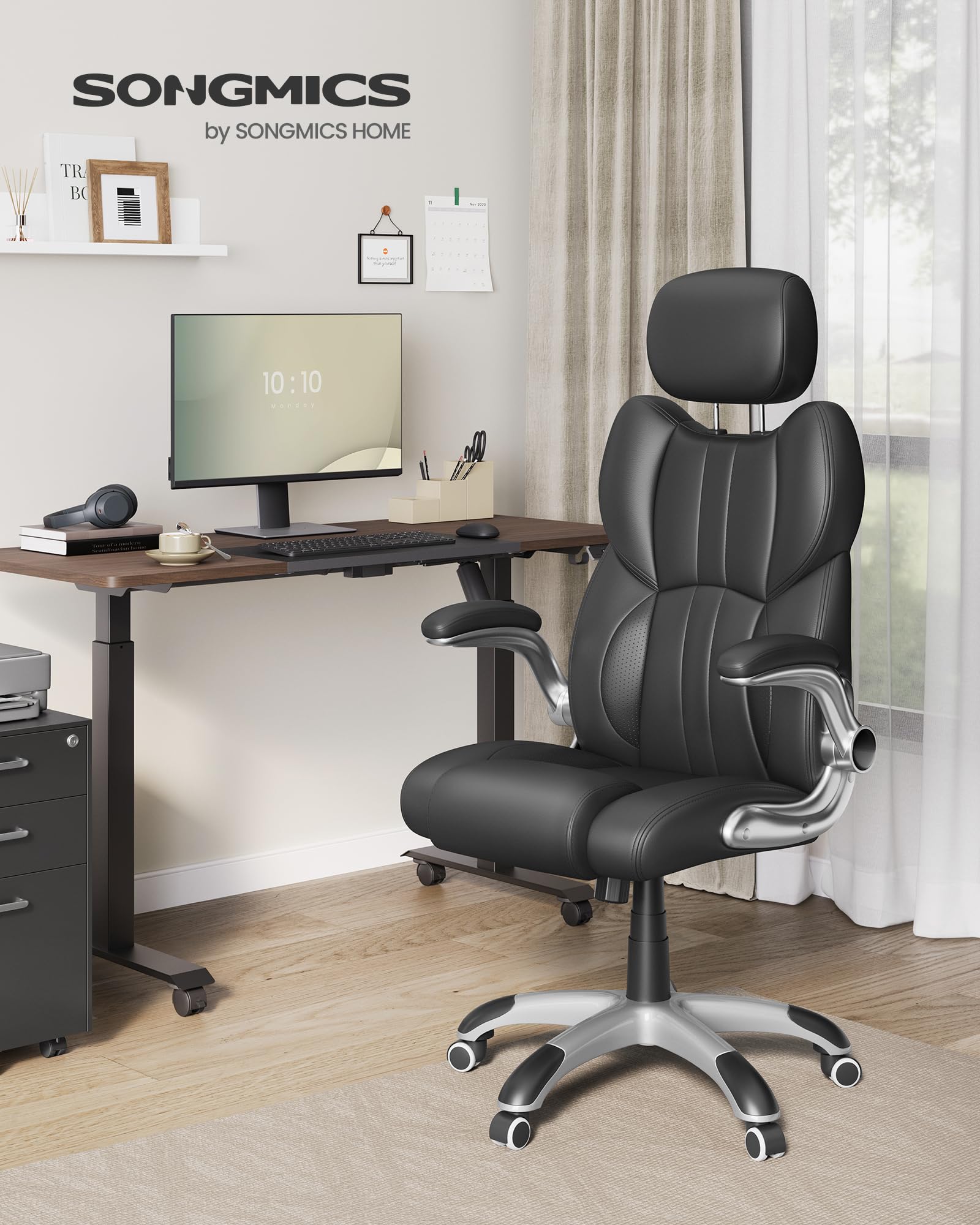 SONGMICS Office Chair, Ergonomic Gaming Chair, Adjustable Headrest, Tilt Function, Foldable Armrests, Swivel Castors, Adjustable Height, E-sports Chair, Ink Black OBG65BKUK