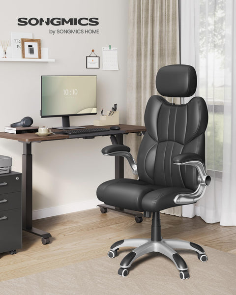 SONGMICS Office Chair, Ergonomic Gaming Chair, Adjustable Headrest, Tilt Function, Foldable Armrests, Swivel Castors, Adjustable Height, E-sports Chair, Ink Black OBG65BKUK