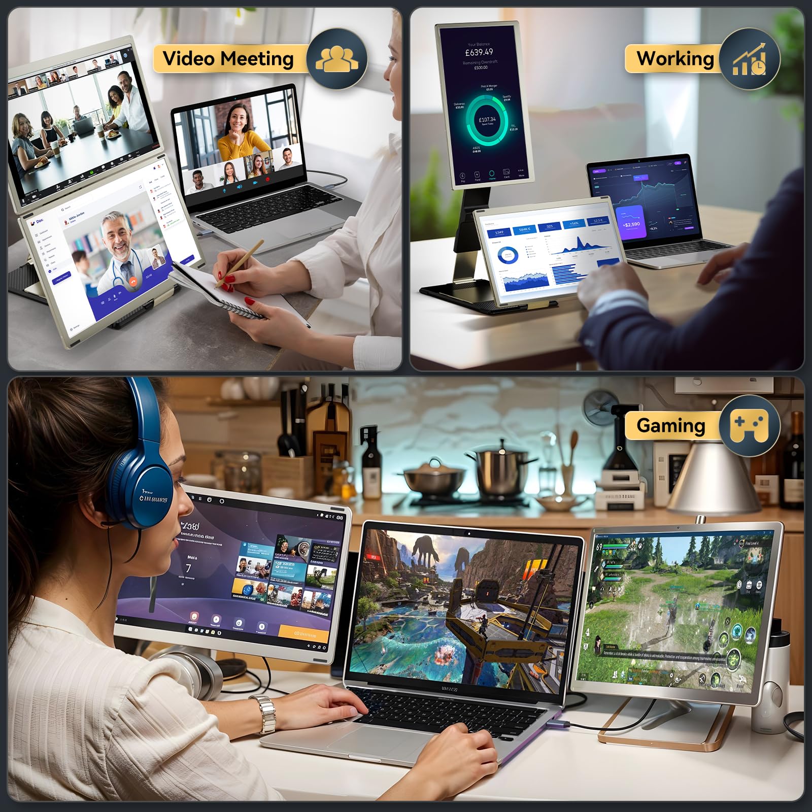 Teamgee 15.6” Laptop Screen Extender, 1080P FHD IPS Portable Monitor Compatible with 13”-17”Laptops, Slim Bezel-less Screen Extender with Detachable, Plug-Play for Mac, Windows, Android & Chrome