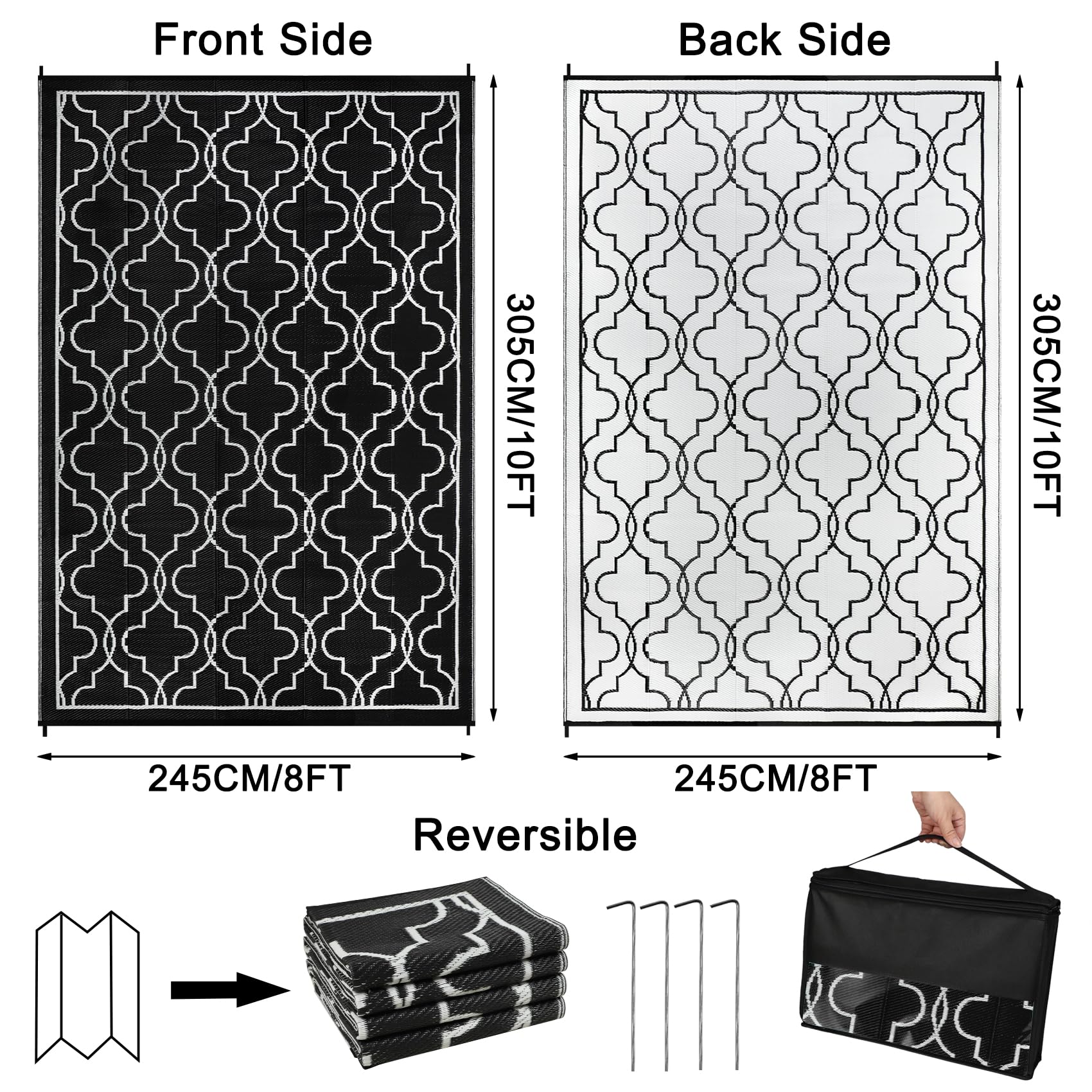 Cekene Large Outdoor Rug Waterproof Black 245x305cm Patio Rugs Reversible RV Camping Mat Lightweight Plastic Portable Outdoor Carpet for Picnic Porch Deck Backyard BBQ Beach