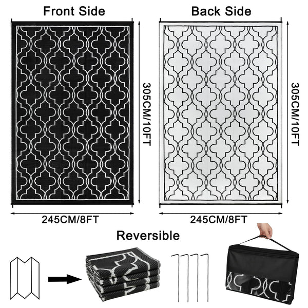 Cekene Large Outdoor Rug Waterproof Black 245x305cm Patio Rugs Reversible RV Camping Mat Lightweight Plastic Portable Outdoor Carpet for Picnic Porch Deck Backyard BBQ Beach