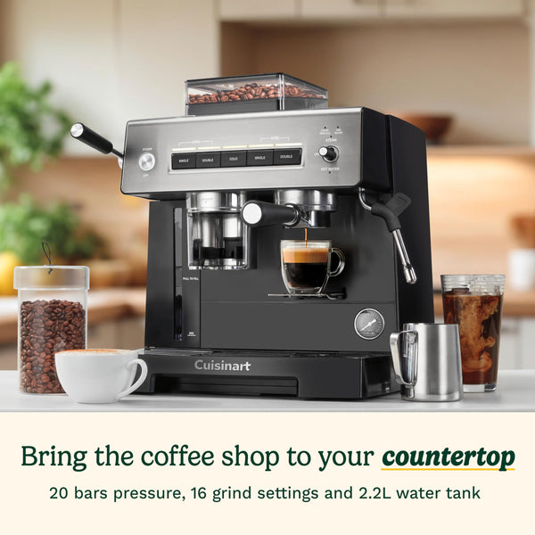 Cuisinart® Slim Espresso Machine | Espresso, Americano, Cold Brew | Integrated milk frother for Lattes and Cappuccino | 15-Bar Pressure, Bottomless Portafilter |Compact Design, Travel Mug Compatible