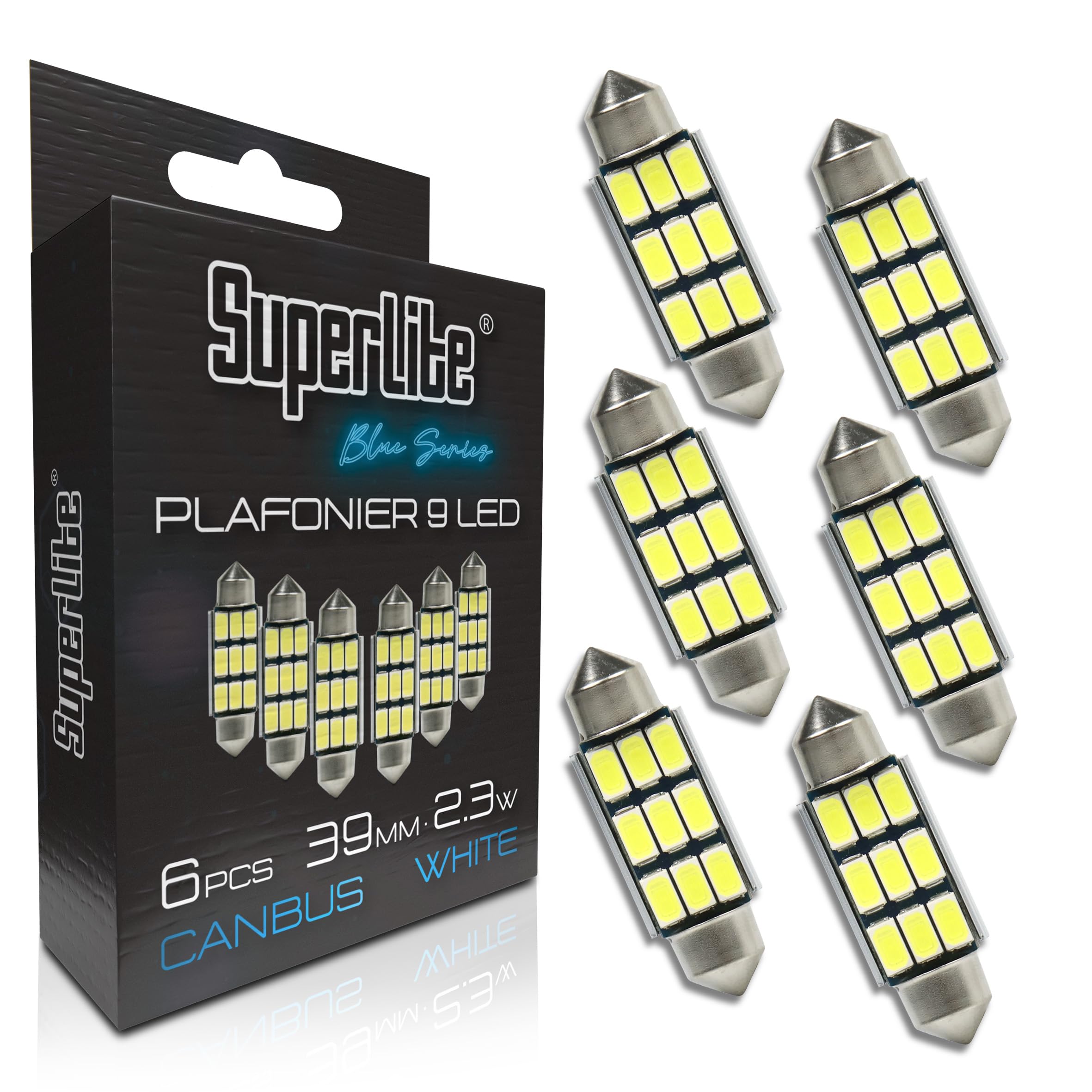 Superlite Set of 2 T10 Bulbs with 18 Leds from the Blue Series range. CanBus Technology and 6500K Colour Temperature. Ideal for Car and Truck.