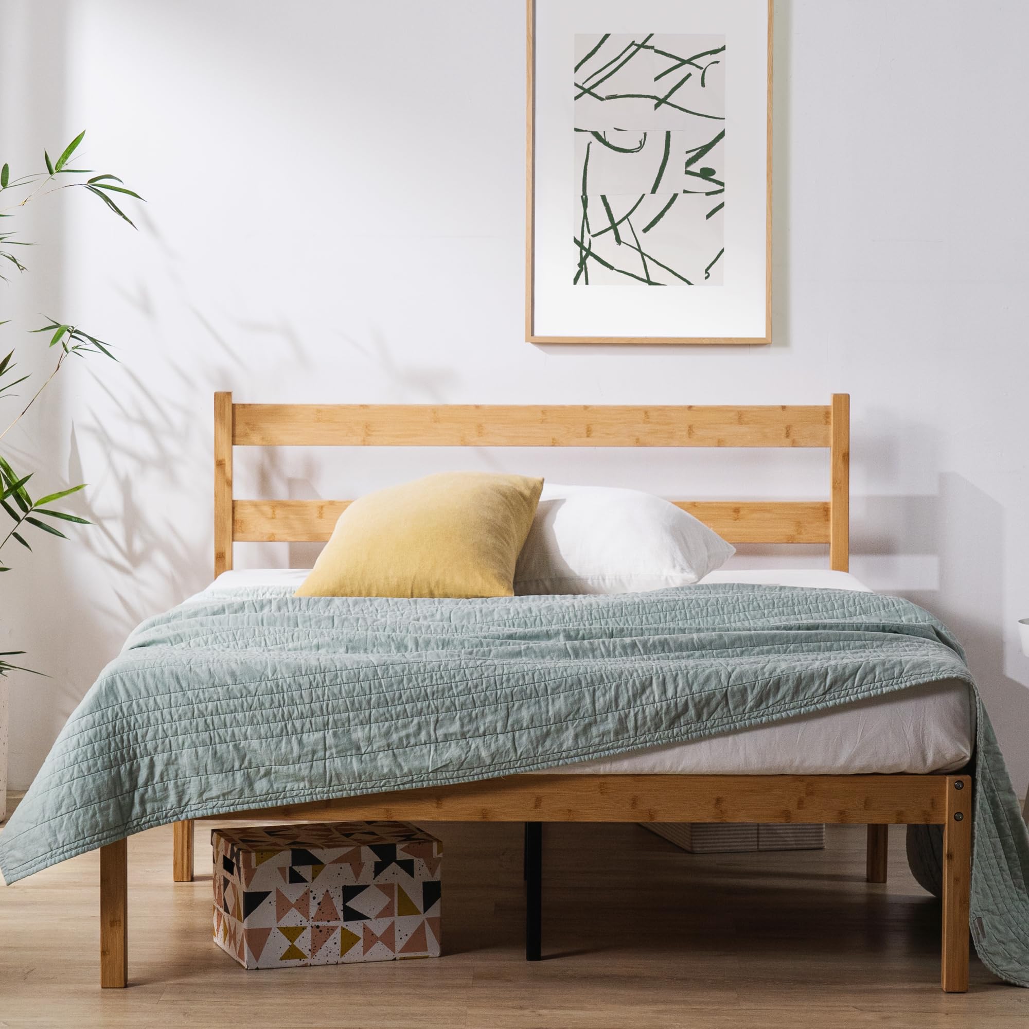 Zinus Ellie Single Bed Frame - Bed 90 x 190 cm - 36 cm Height with underbed storage - Bamboo and Wood Platform Bed Frame with Headboard, Brown