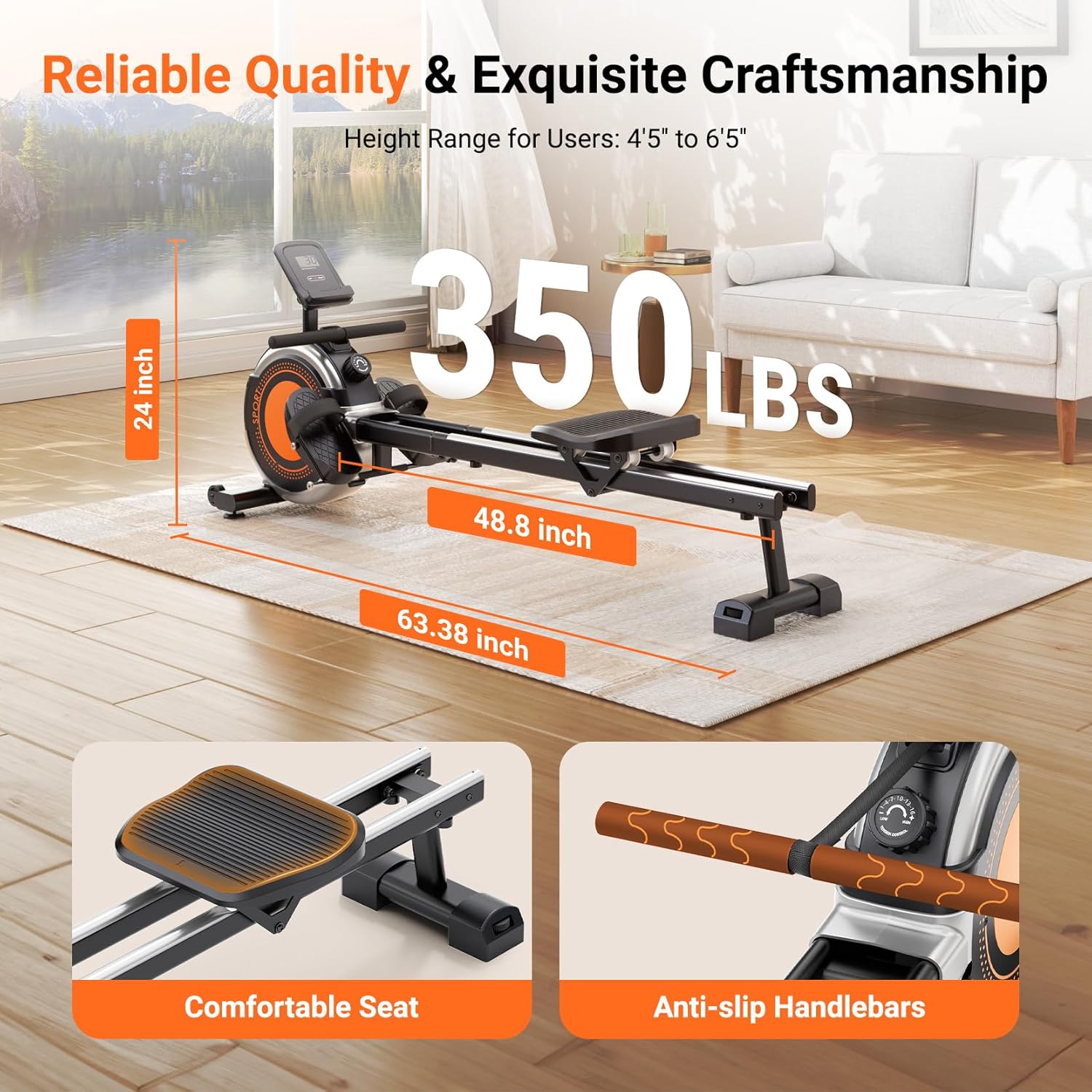 Dripex Rowing Machines for Home Use, Rowing Machine Max 350 LBS, Magnetic Rower with 16 Levels of Workout Resistance, Dual Slide Rail, Bluetooth App Supported, LCD Monitor,Row Machine for Gym Exercise