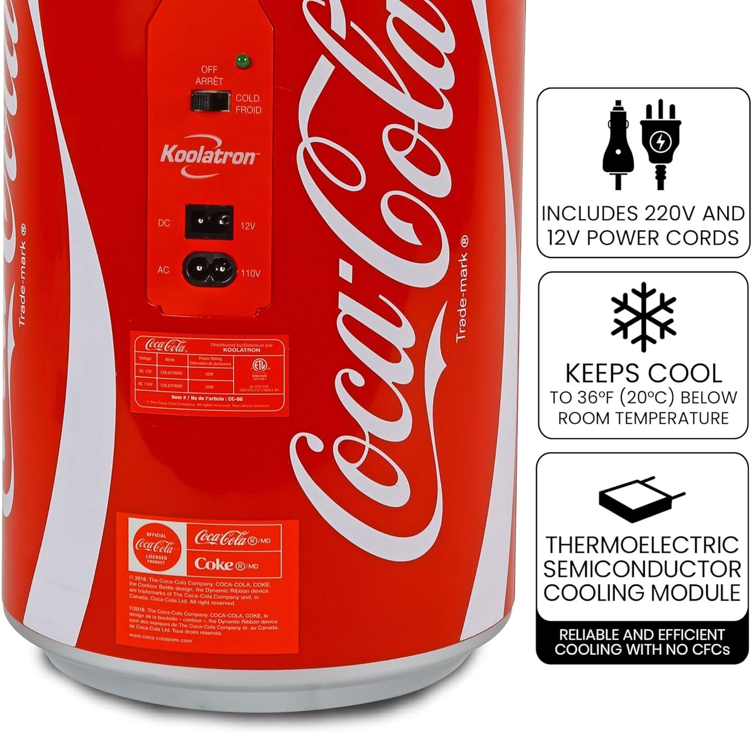 Coca Cola CC06-G 5.4L 8 Can Portable Coke Mini Fridge, Thermoelectric 12 V Cool Box, Car Refigerator for Snacks Lunch Drinks, AC Cords, Desk Accessory for Home Office Camping, Red