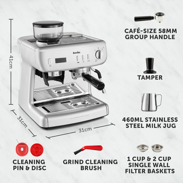 Breville Barista Max Espresso Machine | Latte & Cappuccino Coffee Maker with Integrated Bean Grinder & Steam Wand | 2.8 L Water Tank | 15 Bar Italian Pump | Stainless Steel