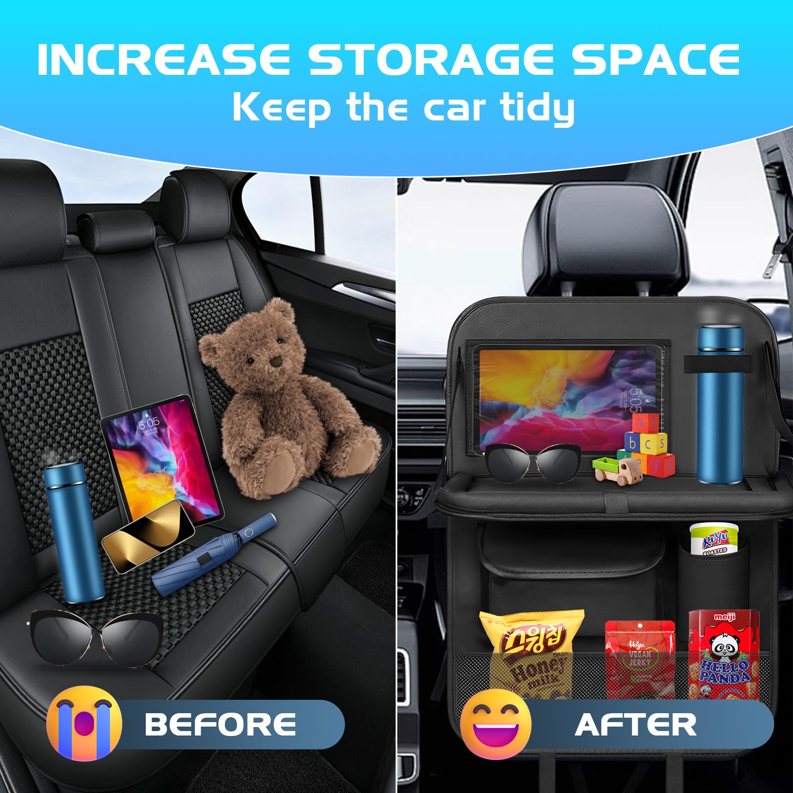 Resszo Car Organiser,Car Seat Organiser for Kids with Tablet Holder, Multifunctional WaterProof Back Seat Protector with 10.5 iPad Foldable Tray Table, 6 Pockets Toy Storage