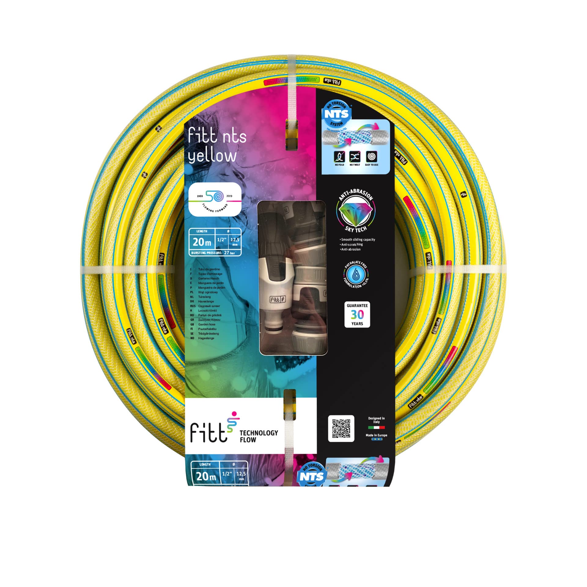 FITT NTS Yellow 1/2" (12,5mm) 20m - Strong and malleable Yellow Garden Watering Hose for Intensive Use Supplied with Nozzle with Adjustable Flow and