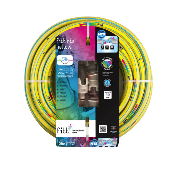 FITT NTS Yellow 1/2" (12,5mm) 20m - Strong and malleable Yellow Garden Watering Hose for Intensive Use Supplied with Nozzle with Adjustable Flow and