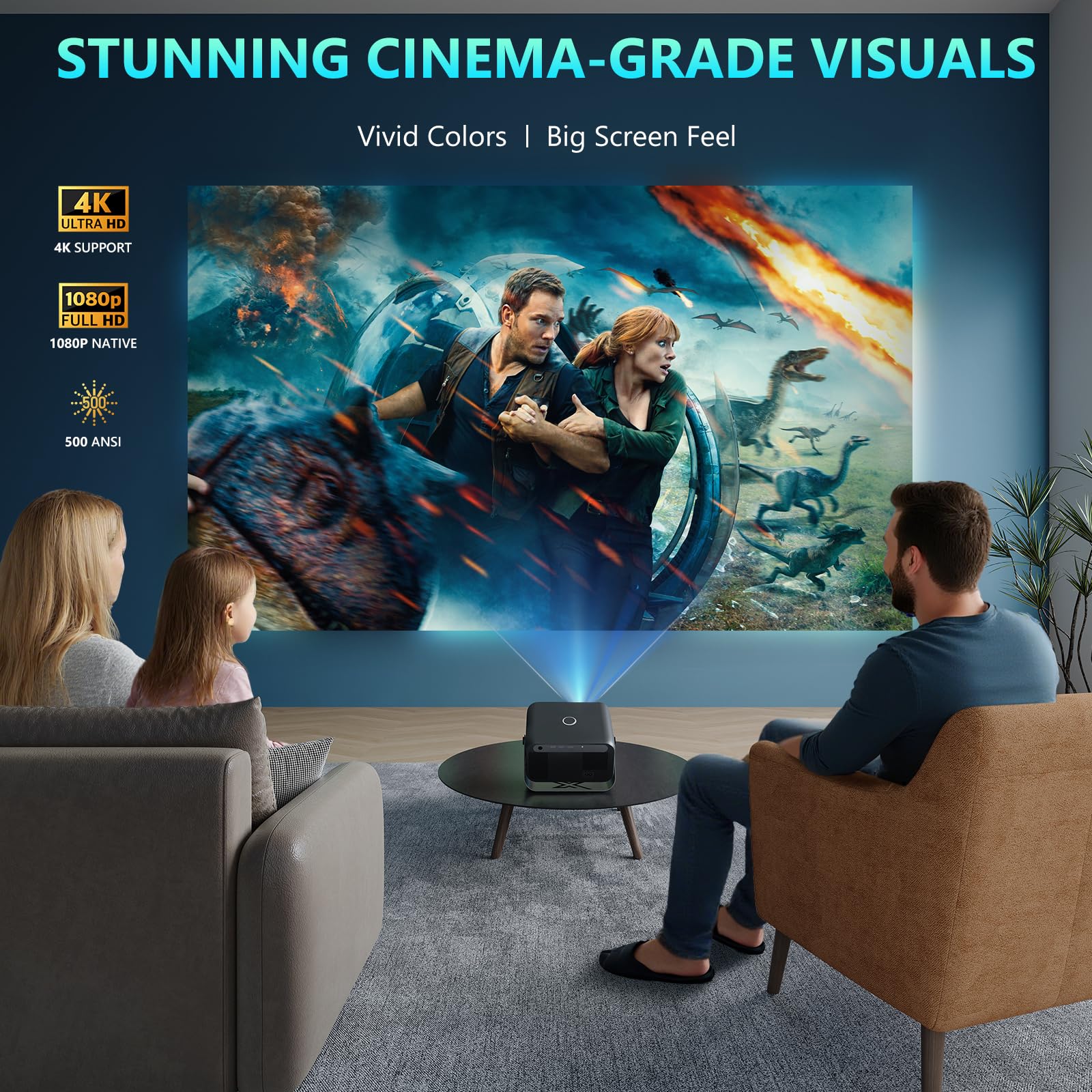 Smart 4K Projector for Bedroom with 500 ANSI Lumens, Native 1080P FHD Video Projector, Auto Focus & Keystone Correction, WIFI6 & Bluetooth5.0, Ideal for Home Cinema & Outdoors