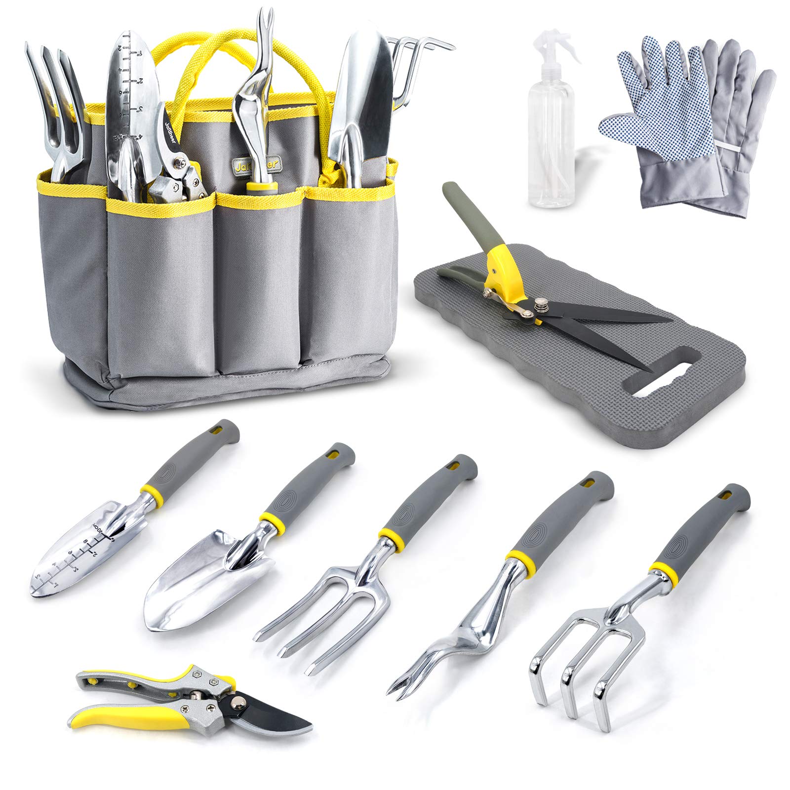 Jardineer 11Pcs Gardening Tools Set - Durable Hand Garden Tools, Knee Pad, Grass Shear, Tote Bag, Spray Bottle, Gardening Gifts for Mom Women Men