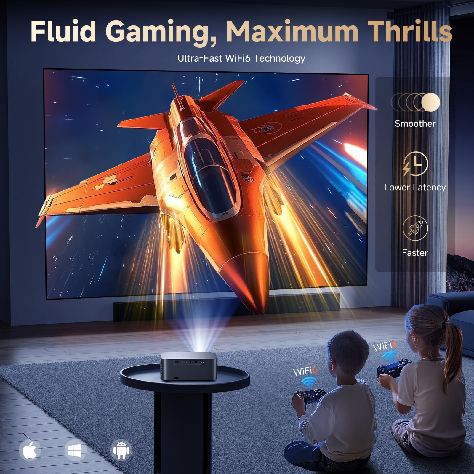 Smart 4K Projector, 30000 Lumen iSinbox WiFi6 Bluetooth Portable Projectors with Netflix App Audio, FHD 1080P with Electric Focus 4P Keystone, 100%-50% Zoom for Bedroom/Outdoor