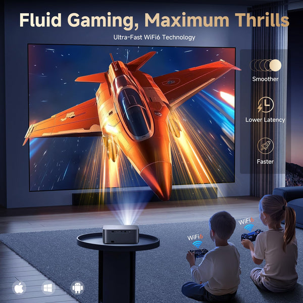 Smart 4K Projector, 30000 Lumen iSinbox WiFi6 Bluetooth Portable Projectors with Netflix App Audio, FHD 1080P with Electric Focus 4P Keystone, 100%-50% Zoom for Bedroom/Outdoor