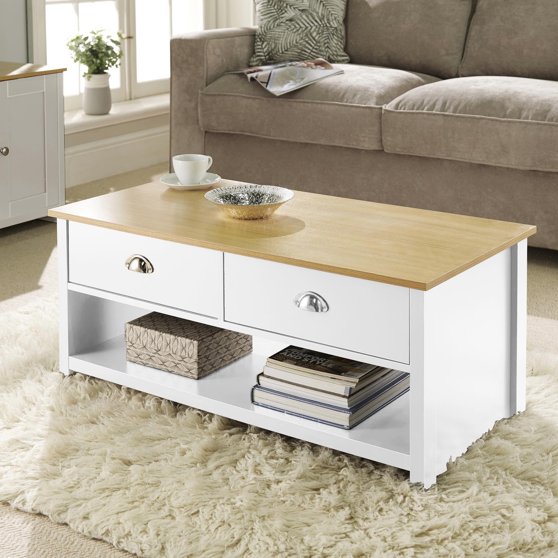 Home Source 2 Drawer Coffee Occasional Table, Oak Effect Top, White, 100cm