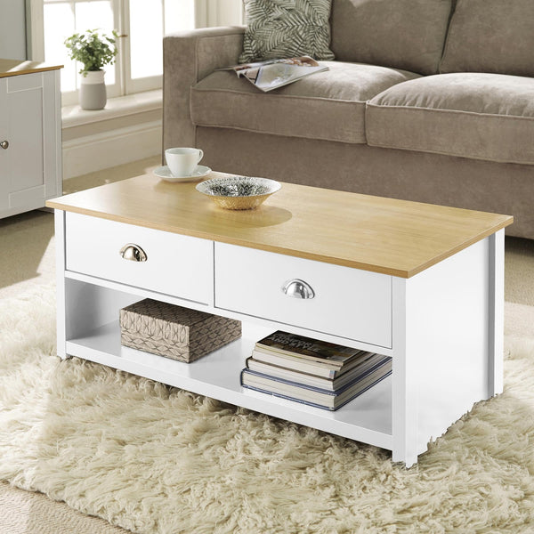 Home Source 2 Drawer Coffee Occasional Table, Oak Effect Top, White, 100cm