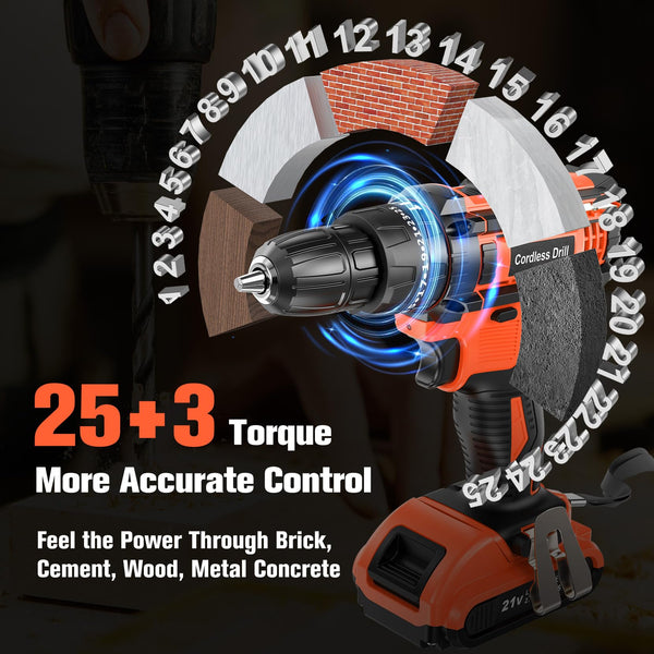 DYJPOW Brushless Cordless Hammer Drill Driver 21V, 2 Batteries 2000mAh, 20+3 Torque, 45N.m Max, 14PCS Drill Bits, 2 Speed, LED Light for Home, Garden DIY