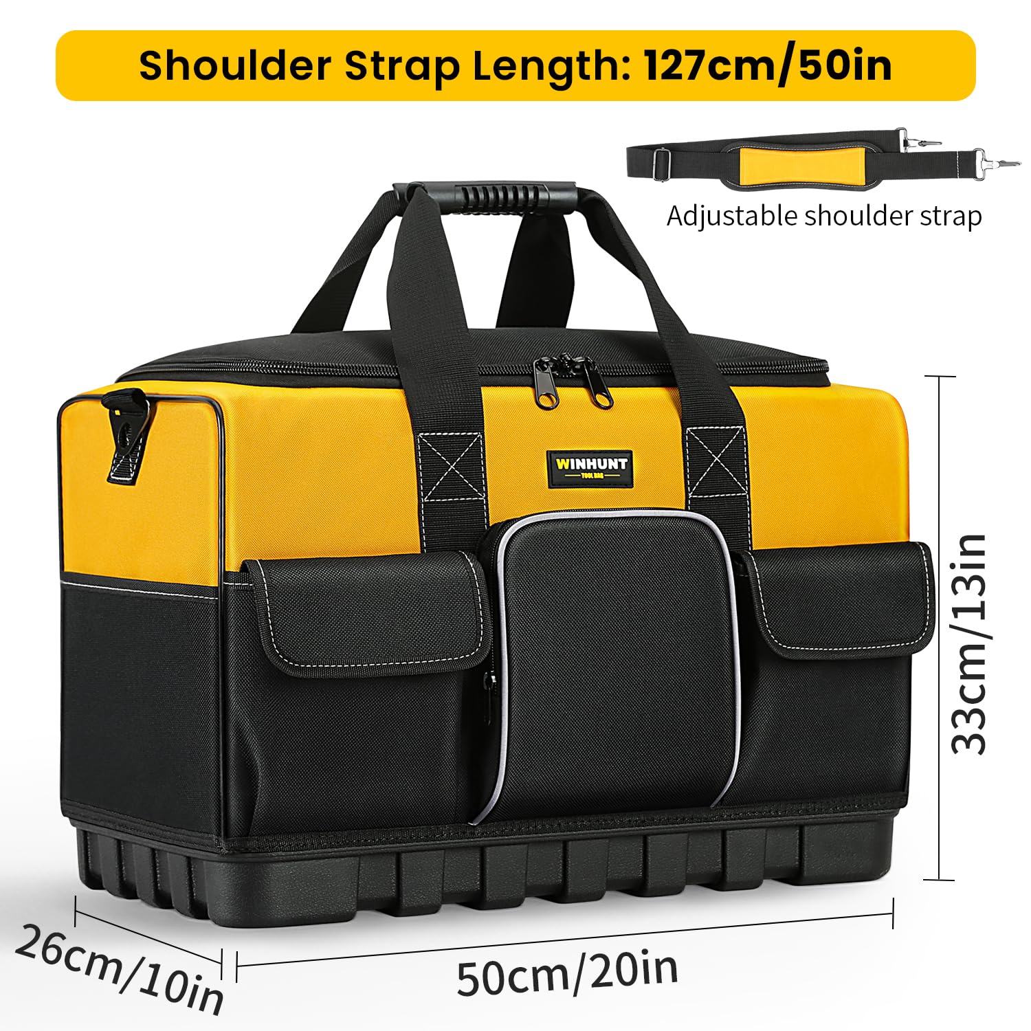 WINHUNT Open Mouth Tool Bag, Heavy Duty Electrician Tool Bags, Tool Storage Organiser with Waterproof Hard Base, Yellow/Black, 16 Inch