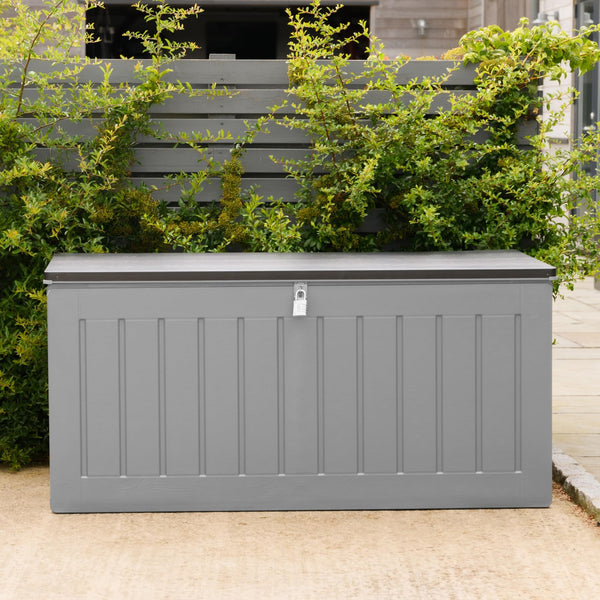 Olsen & Smith 680L Large Garden Storage Box - Weather Resistant Heavy Duty Garden Box with Padlock & Wood Effect - Huge Capacity Outdoor Storage Chest for Tools, Cushions, Toys & More (Anthracite)