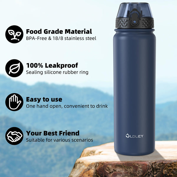 OLDLEY Stainless Steel Water Bottle with Straw 1L Vaccum Insulated Large Drink Flask Metal Water Bottles 1 Litre Leakproof Keep Drinks Hot Cold for Sports Gym with Different Lids(Purple Green, 3 Lids)