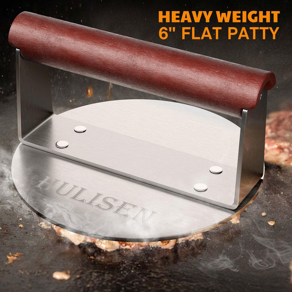HULISEN 8.5-Inch Burger Press, 2.5 lbs Heavy Duty Bacon & Grill Press, Stainless Steel Smashed Burger Press, Round Smasher with Wood Handle, BBQ Griddle Accessories for Hamburger, Steak, Meat…
