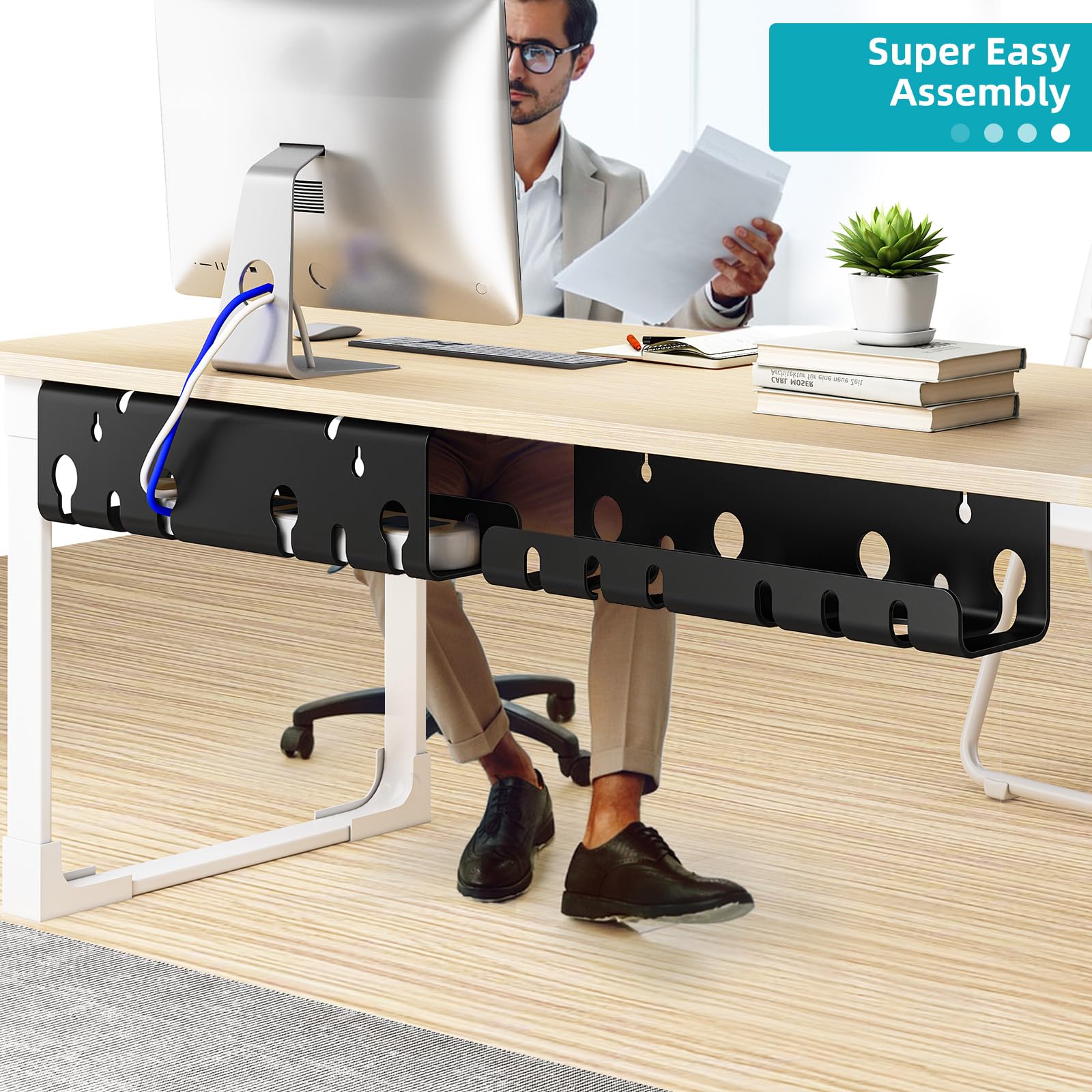 StowBin 2-Pack Under Desk Cable Management Tray, Cable Management Tray, Metal Mesh Cable Management Under Desk with Clamp Mount, Wire Management Tray, Black, Cord Organizer for Office/Home