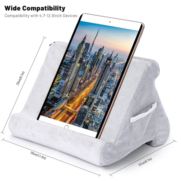Soft Tablet Stand Pillow with Pocket,Tablet Cushion Stand,Adjustable 3 Viewing Angle,Lazy Holder Stand for Bed Sofa,Compatible with iPads Tablets eReaders Smartphones Books Magazines（Grey）…