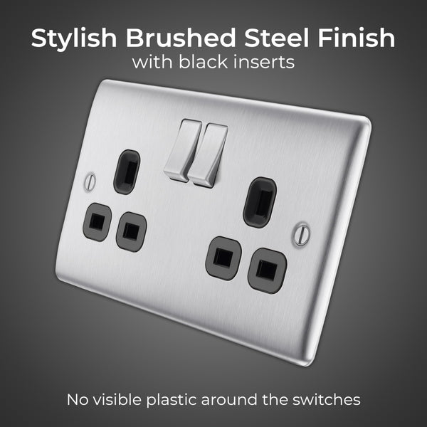 BG Electrical Cooker Switch with Socket and LED, Cooker Control Unit, Control Socket, Double Pole, Raised Profile, Round Edges, Nexus Metal, Brushed Steel, Grey Inserts, 45A, NBS70G