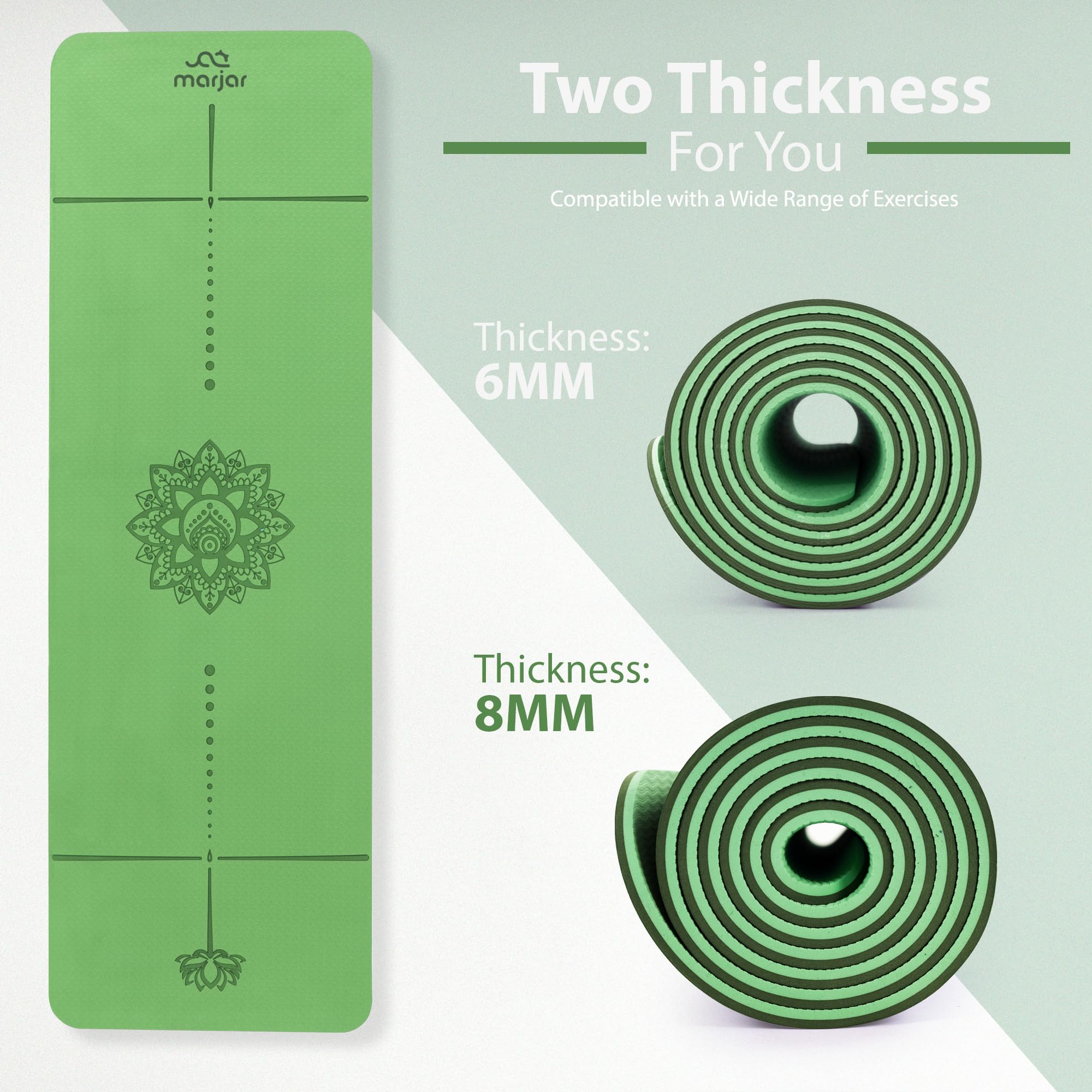 Marjar Yoga Mat Non Slip Exercise Mat TPE Eco Friendly Anti-Tear Yoga Mats for Women 1/3" Fitness Mat for Home Pilates Mats with Carrying Strap