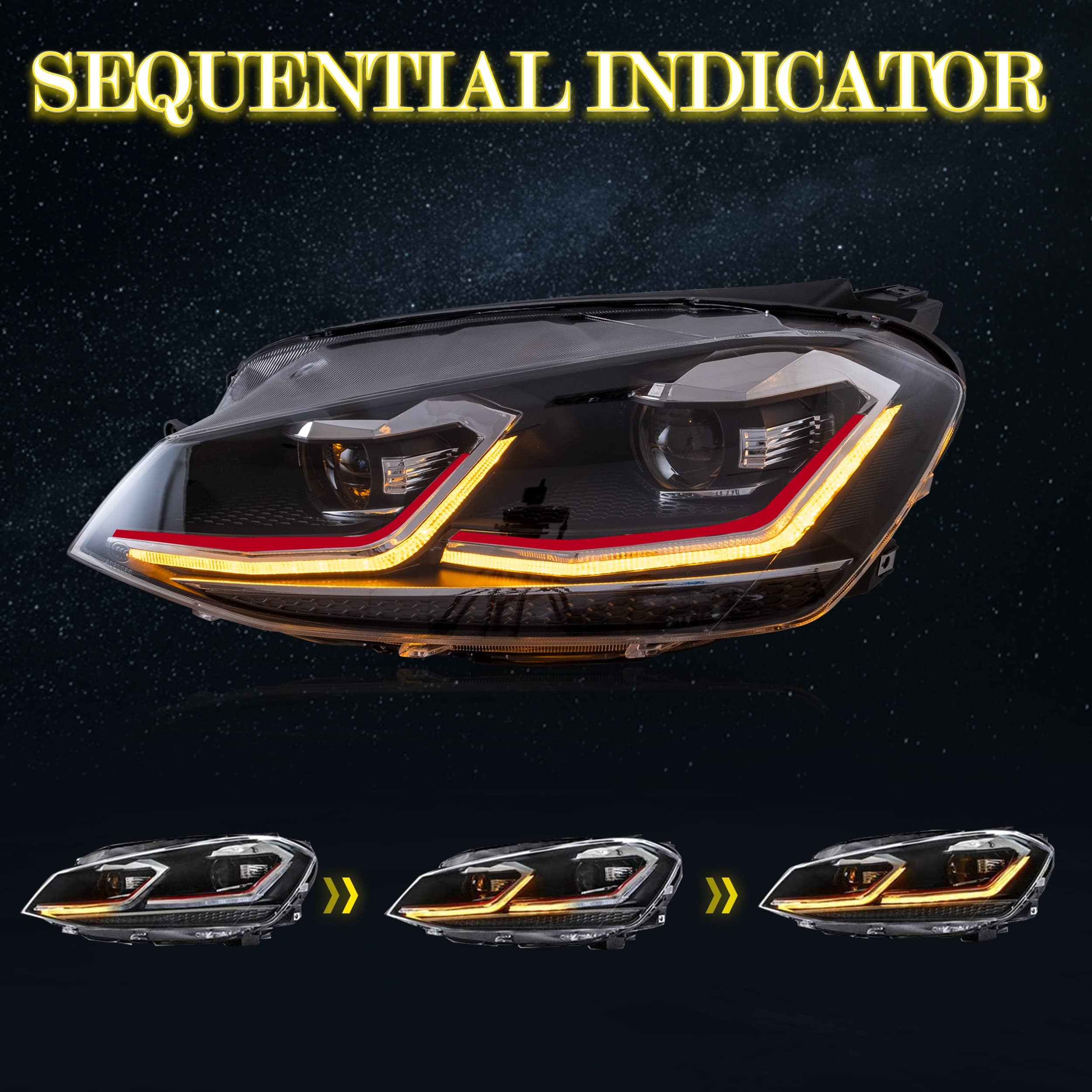 VLAND Headlights Compatible with Golf 7 MK7 TDI TSI 2013-2017, Front Lights with Sequential Indicator, Red Line Headlamps