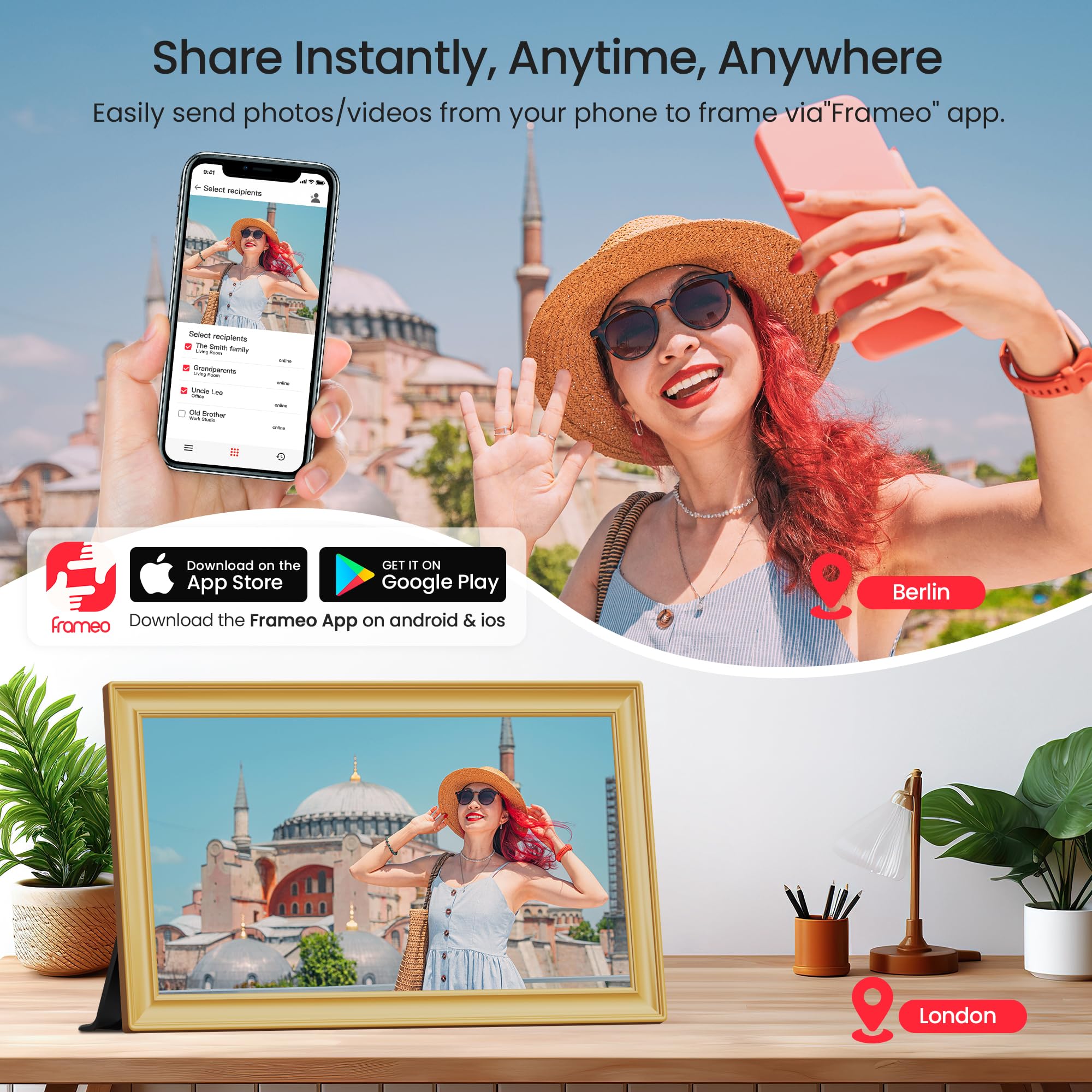 Frameo WiFi Digital Photo Frame 10.1 Inch - 1280x800 HD IPS Touch Screen Picture Frame Electronic, 32GB Memory, Auto Rotate, Wall Mountable, Digital PictureFrame for Sharing Photos and Videos