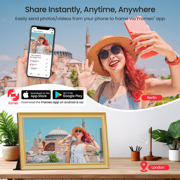 Frameo WiFi Digital Photo Frame 10.1 Inch - 1280x800 HD IPS Touch Screen Picture Frame Electronic, 32GB Memory, Auto Rotate, Wall Mountable, Digital PictureFrame for Sharing Photos and Videos