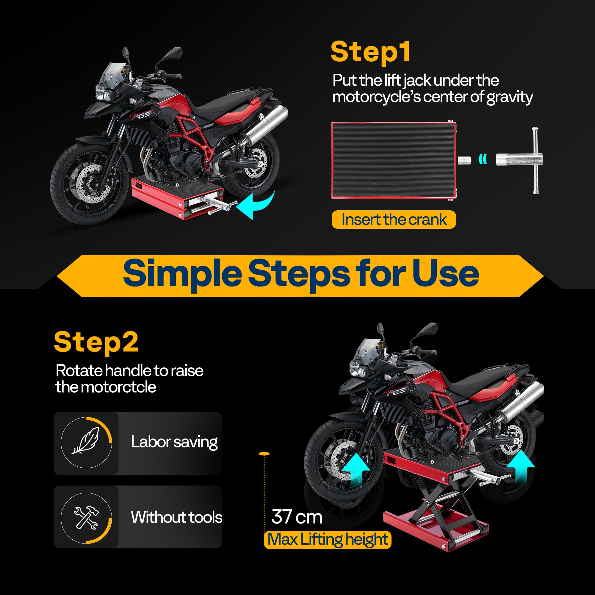 VIVOHOME Motorcycle Scissor Lift Jack Height Adjustable Heavy Duty Steel with Anti Slip Wide Deck Hoist Crank Center Stand 500KG Capacity for Motorcycles, ATVs, Dirt Bikes