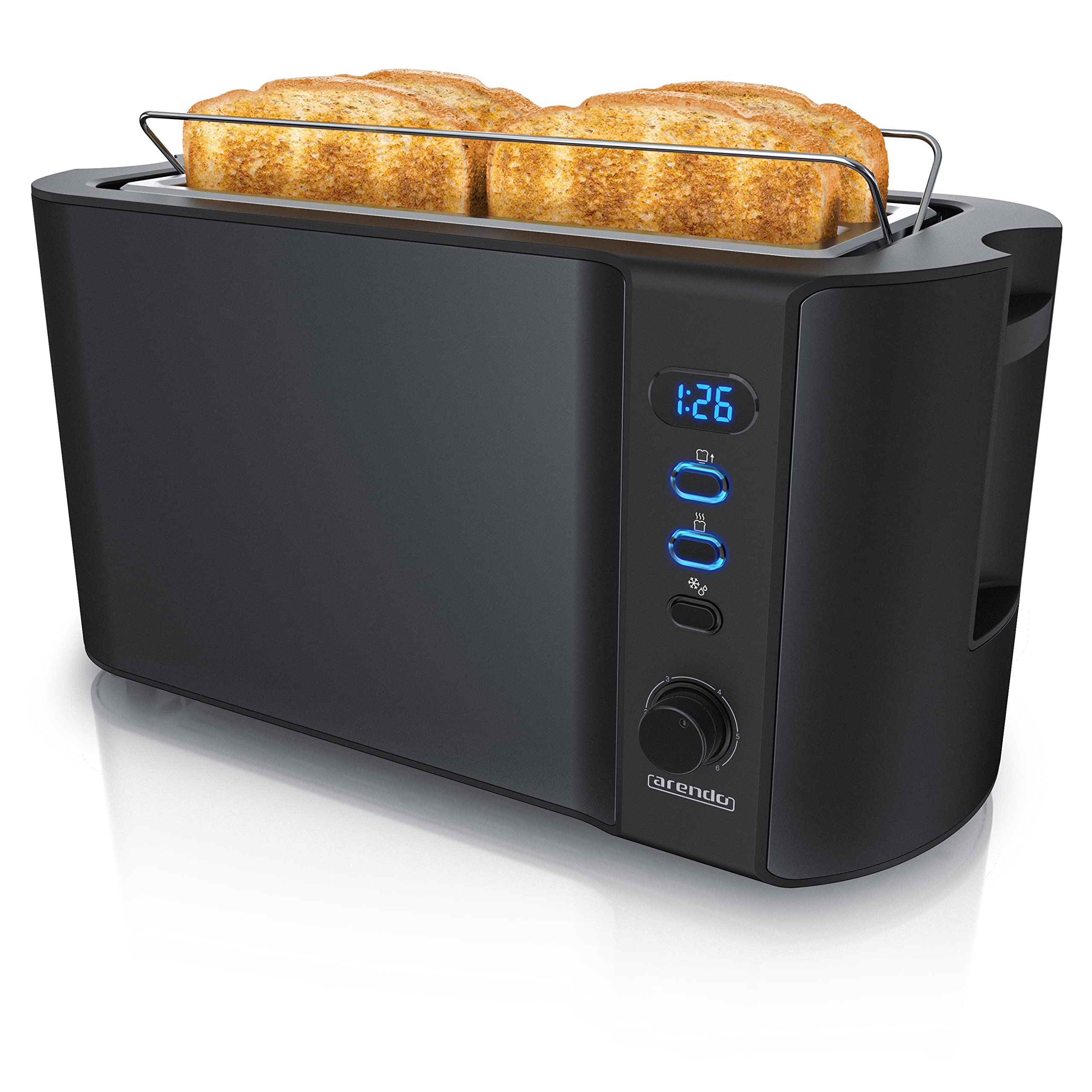 Arendo Frukost 4 slice long slot toaster, Double wall housing, with warming rack, 6 Browning settings, auto bread centring, Reheat Defrost Cancel