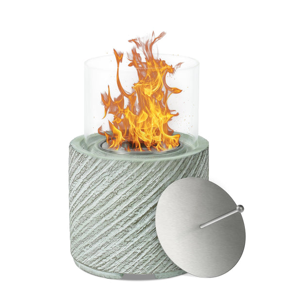 VOSSMOON Tabletop Fire Pit, Bioethanol Table Top Fire Bowl, Portable Round Fireplace indoor or Outdoor, Concrete Table Top Patio Heater Ethanol Burner with Tempered Glass for Potluck or Camping, Black