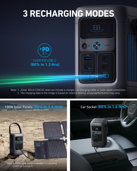 Anker SOLIX C200 DC Power Bank Station, 192Wh Portable Power Station, LiFePO4 Battery, 200W Solar Generator, for Outdoor Camping, Traveling, and Emergencies (No Wall Adapter Included)