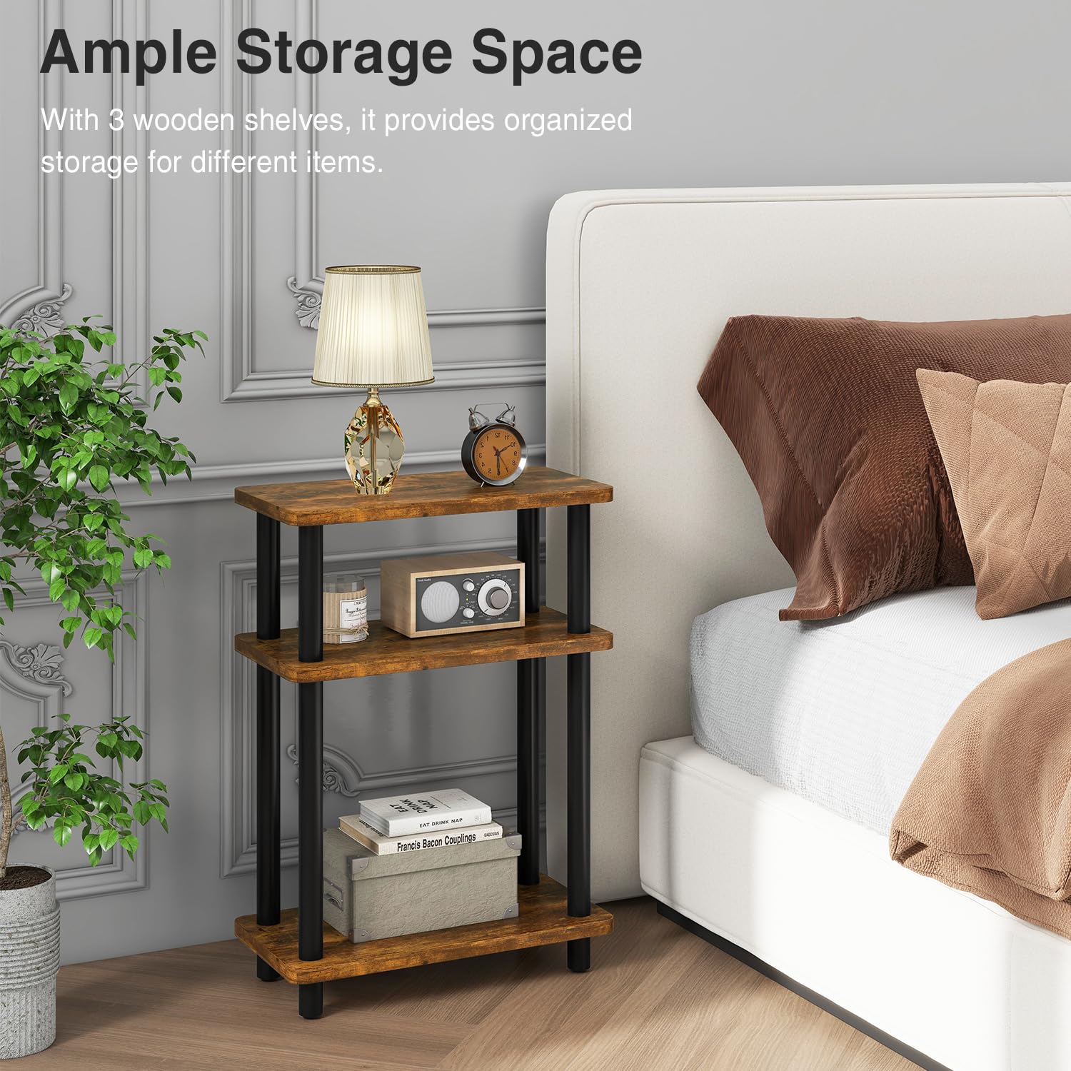 IBUYKE Narrow Side Table, 3-Tier End Table with Storage Shelf Black, Slim Small Table, 40x18x62.5cm,Thin Nightstand Bedside Table for Living Room