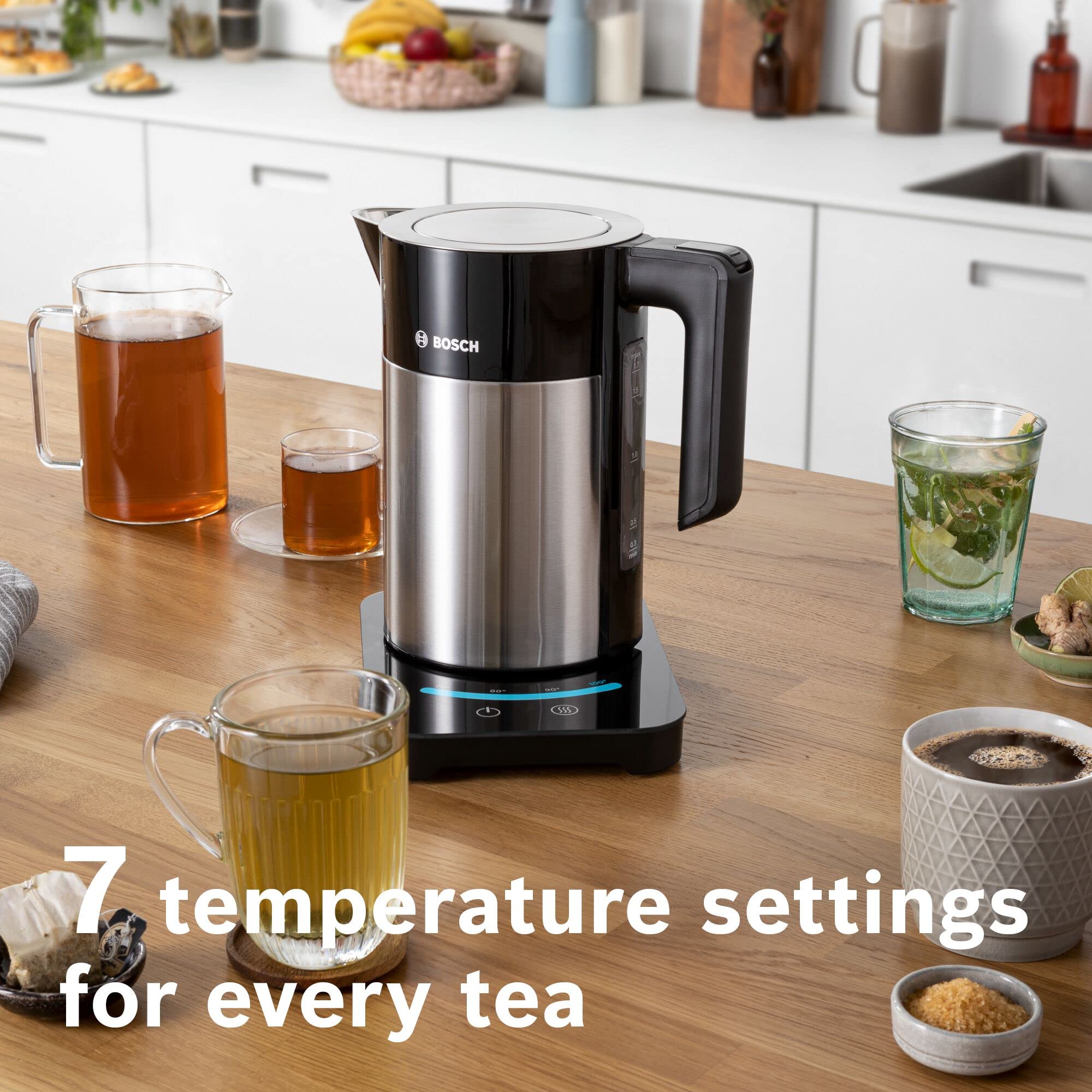 Bosch Sky TWK7203GB 7 Variable Temperature settings & KeepWarm function, Cordless Kettle, 1.7 Litres, Black/Silver