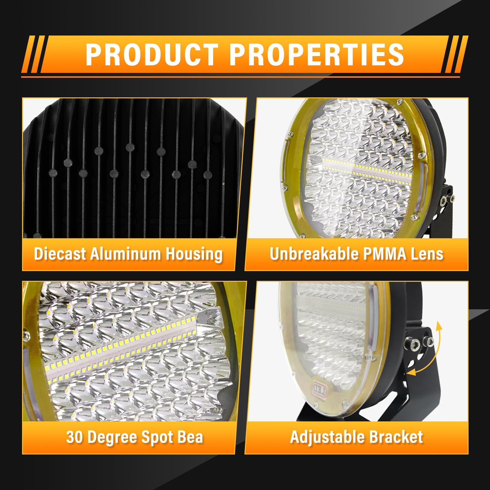 RIGIDON 2 Pcs Black Case Round Led Work Light, 9 inch 294W Spot Beam, 12V 24V Driving Lights Lamp Headlight for Car Off road Boat Truck 4x4 SUV ATV Tractors Excavator, 6000K White, Fog Lamp