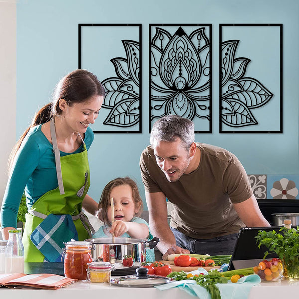 ESTART Large Lotus Flower Metal Wall Art 3-piece Set, Religion Faith Mandala Home Wall Decoration for Living Room, Bedroom, Office and Yoga Room