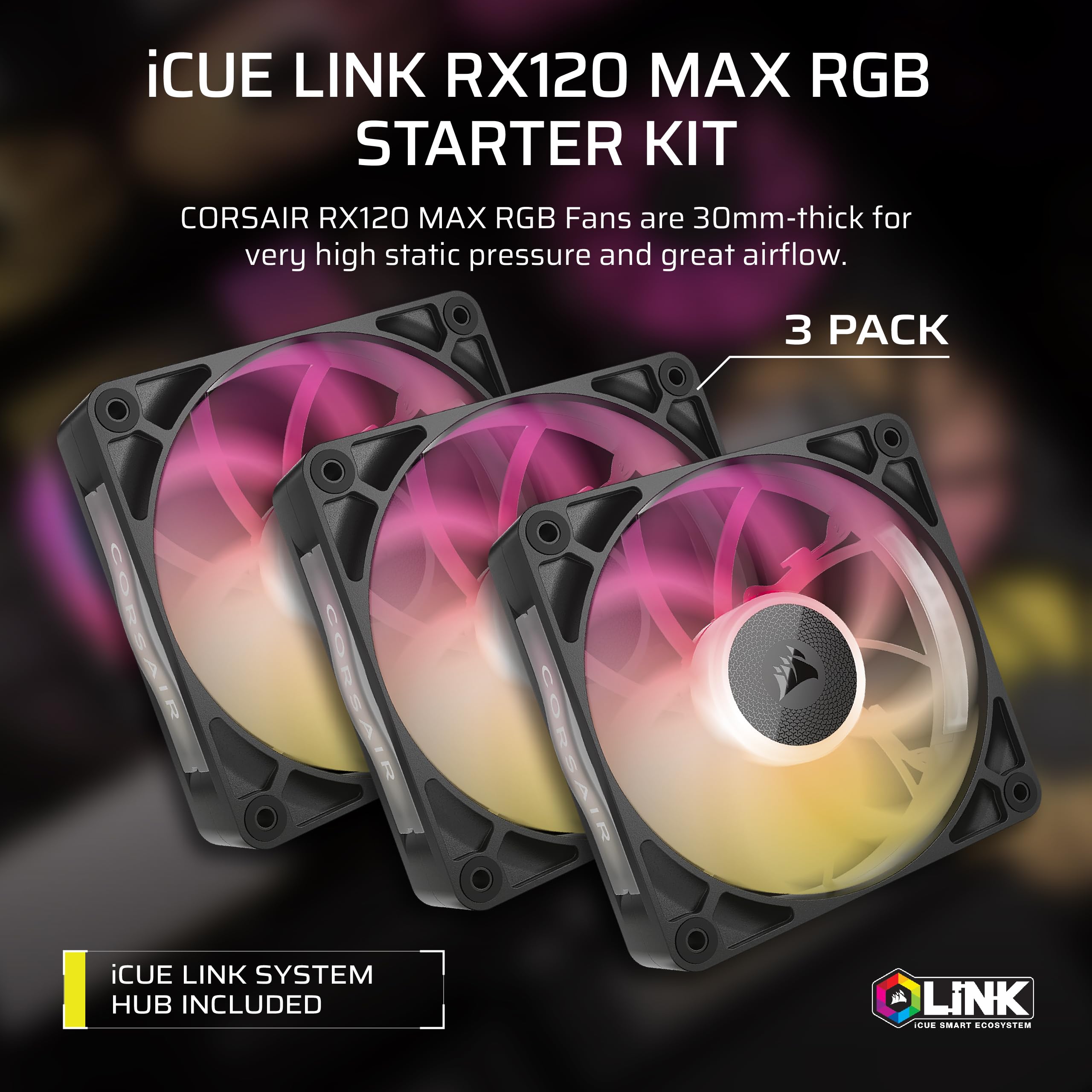 CORSAIR iCUE LINK RX120 MAX RGB 120mm PWM Thick Fans with iCUE LINK System Hub – High-Static Pressure – Magnetic Dome Bearing – Triple Pack – White