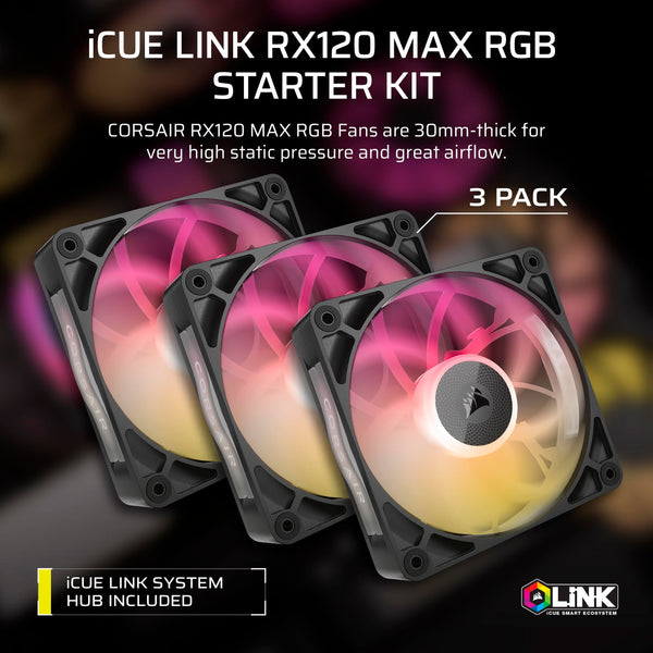 CORSAIR iCUE LINK RX120 MAX RGB 120mm PWM Thick Fans with iCUE LINK System Hub – High-Static Pressure – Magnetic Dome Bearing – Triple Pack – White