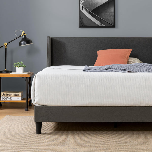 Zinus Evelyn Double Bed frame - Bed 135x190 cm - 25cm Height - Upholstered Bed frame with Wide Wingback Headboard - Dark Grey