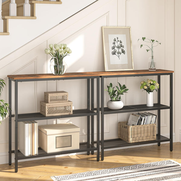 HOOBRO Console Table for Hallway Slim, Narrow Console Table, Hallway Table with 3 Shelves, Slim Sofa Table for Small Spaces, Living Room, Metal Mesh