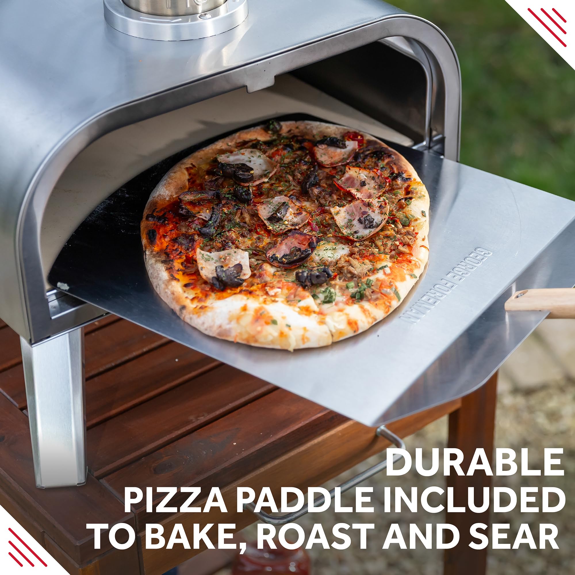 George Foreman Outdoor 12 Inch Wood Pellet Portable Wood Fired Pizza Oven Stainless Steel with Paddle and Carry Bag, BBQ Oven & Smoker, Foldable Legs GFWPPO1SSPC