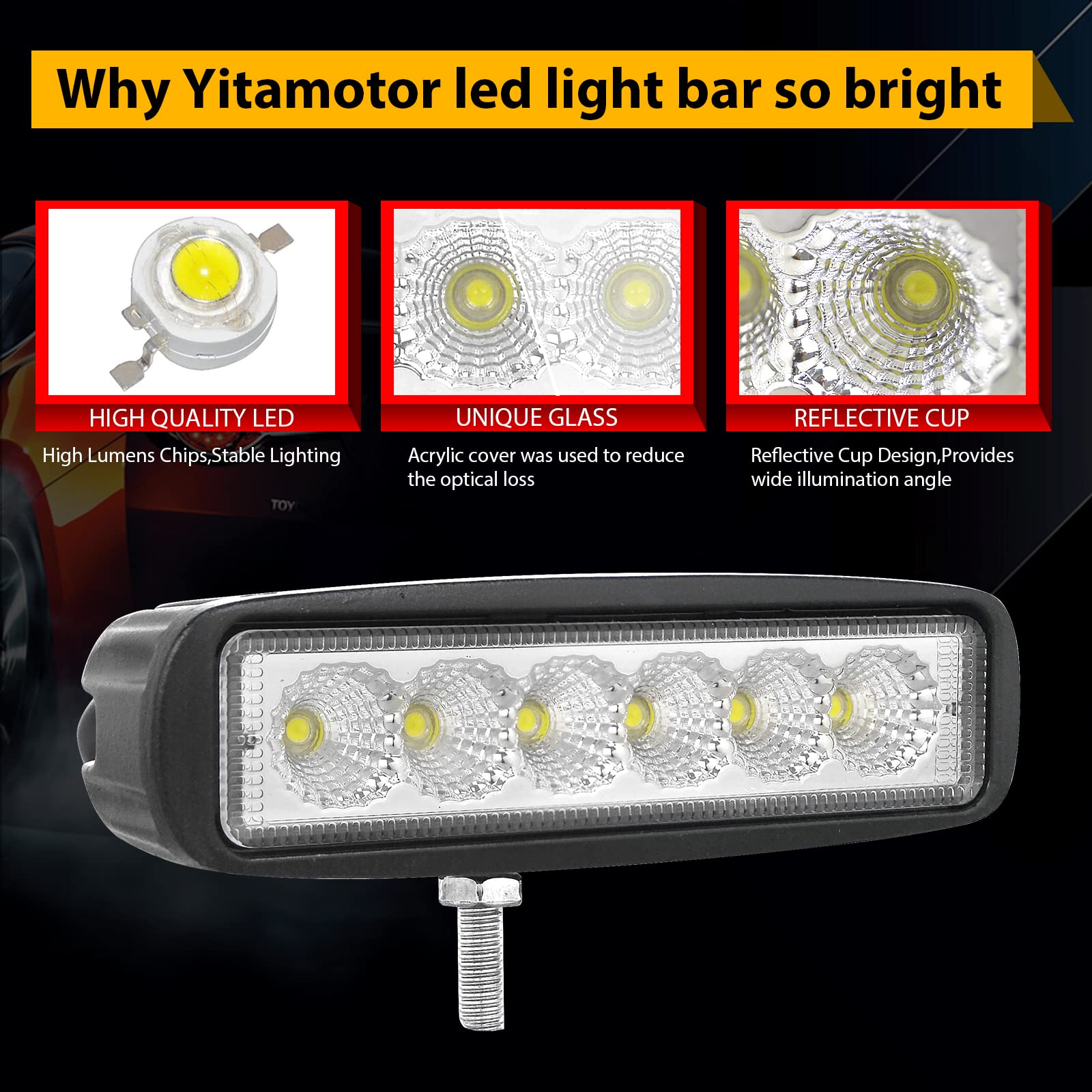 RIGIDON 2 Pcs Led Work Light Bar, 6 inch 18W Flood Beam, 12V 24V Driving Lights Lamp for Car Off road Boat Truck 4x4 SUV ATV Tractors Excavator, 6000K White, Fog Lamp