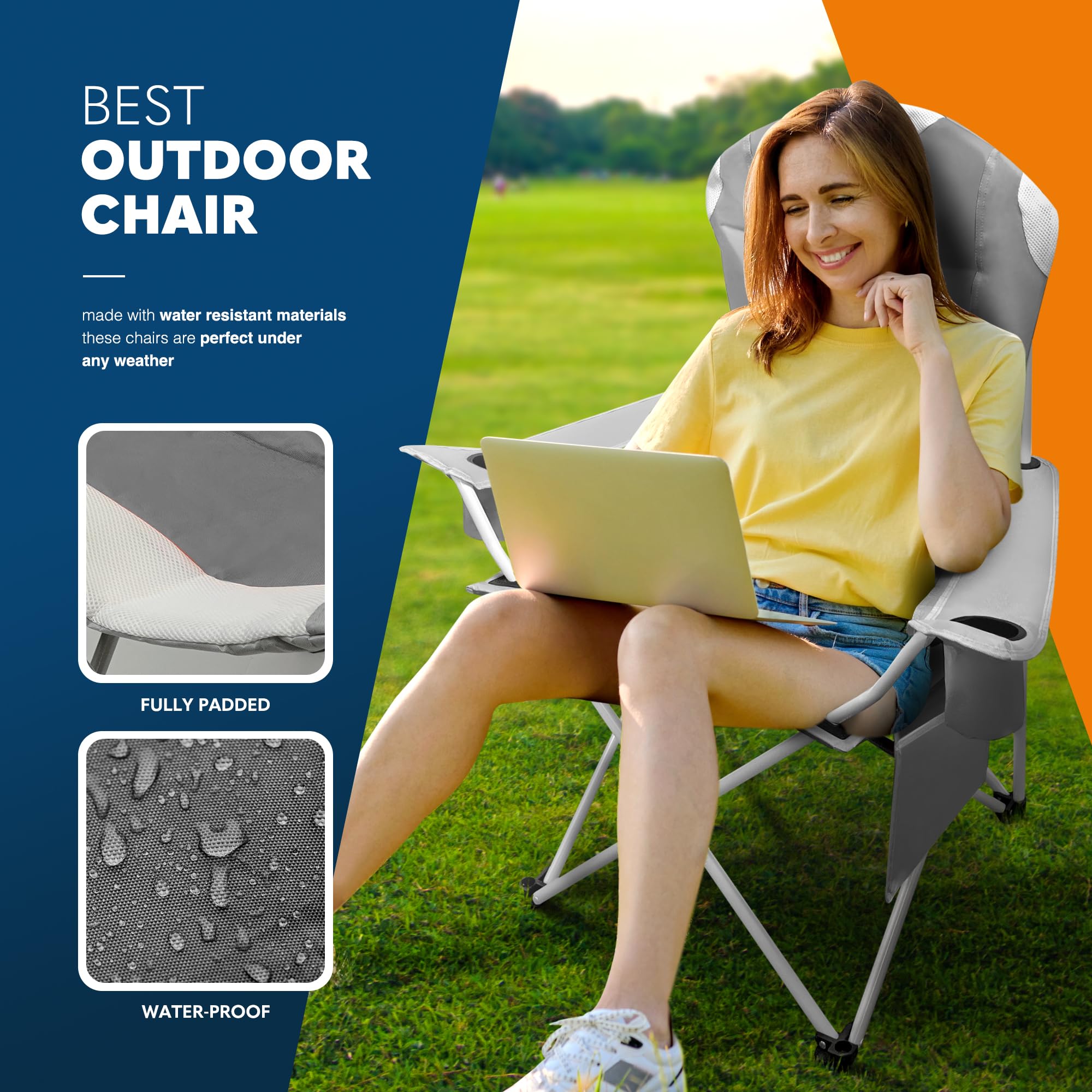 Voyager Folding Camping Chairs 2 Pack with Cooler Bag, Lightweight Q195 Steel Frame, 600D Oxford Fabric, Portable & Comfortable - Black (Black, Padded)